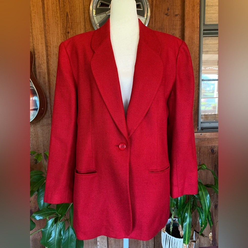 Vintage 80s Ann May Oversized Red Long Blazer 100% Silk Shoulder Pads Size 14